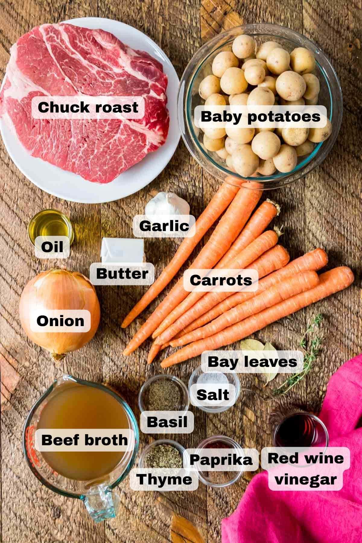 Overhead view of the ingredients needed to make my pot roast recipe.