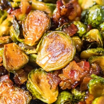 Close-up view of maple bacon brussels sprouts.