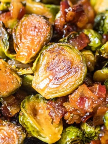 Close-up view of maple bacon brussels sprouts.