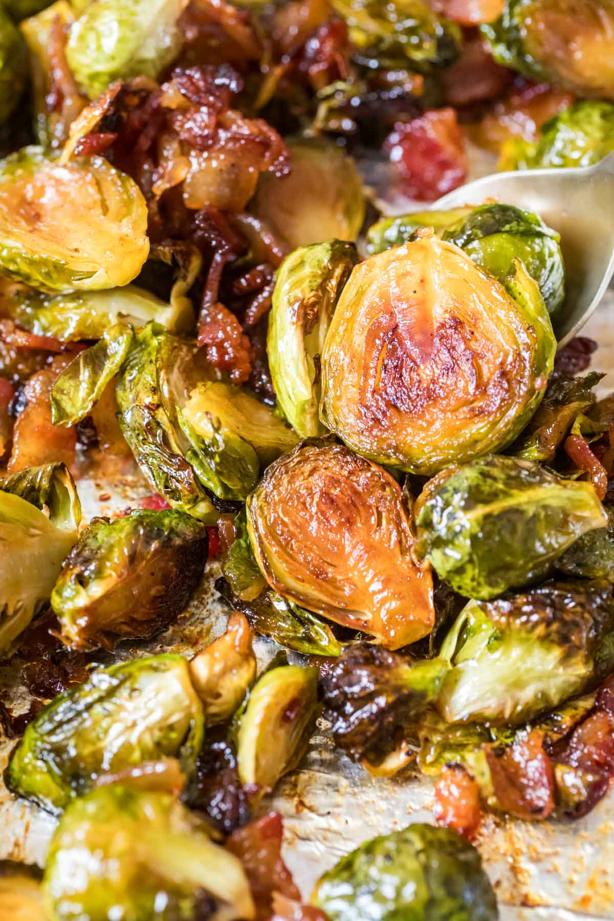 Crispy roasted brussels sprouts made with bacon and maple syrup.