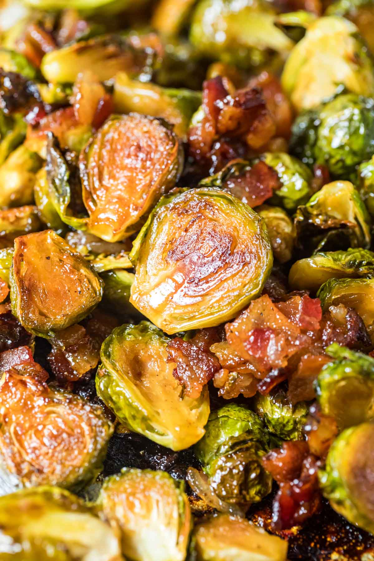 Close-up view of maple bacon brussels sprouts.