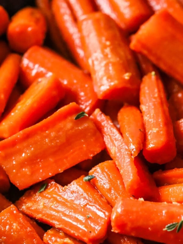 Close-up view of maple glazed carrots.