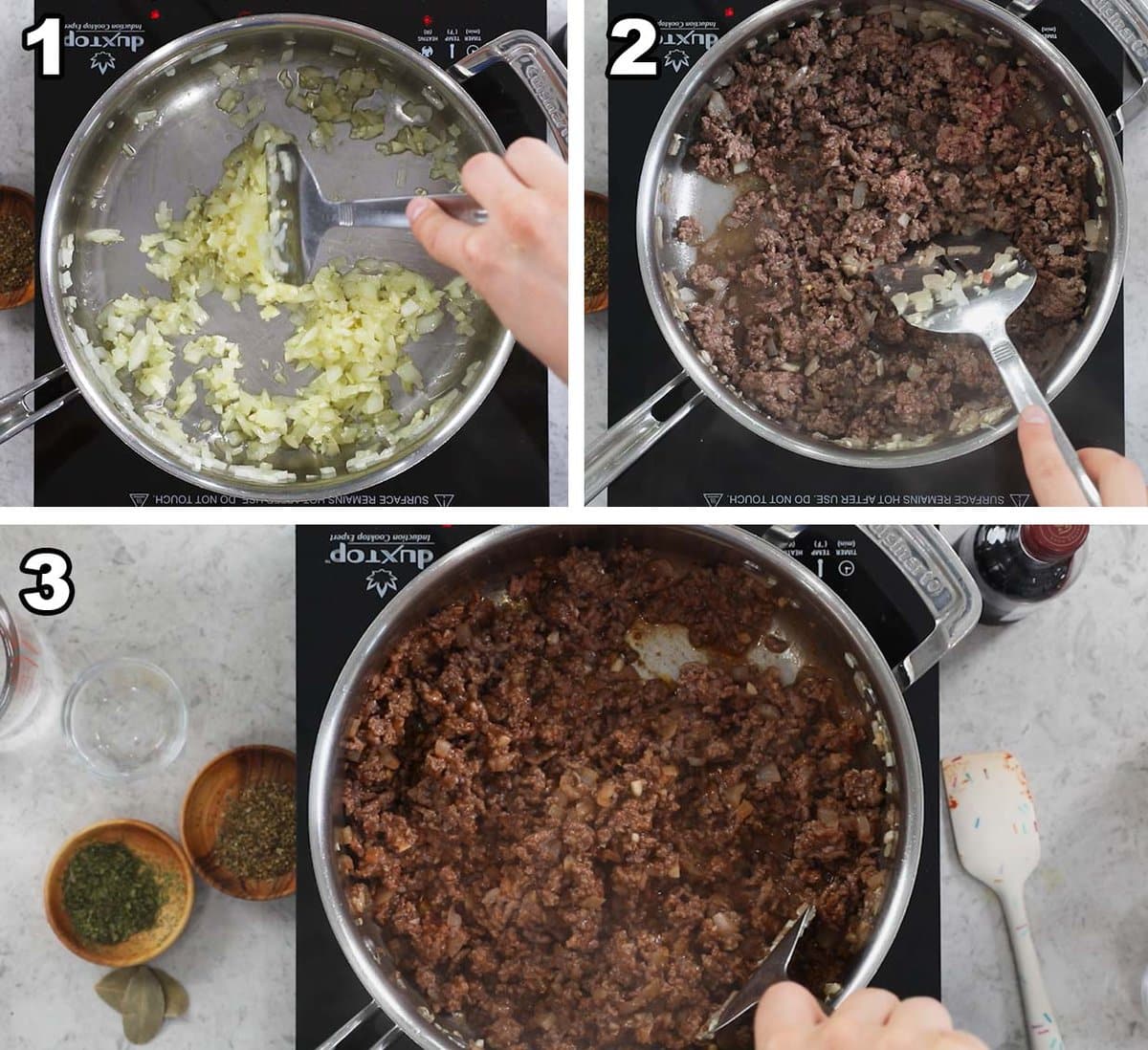 Three photos showing onion and garlic cooking in a pot before ground beef is added and browned.
