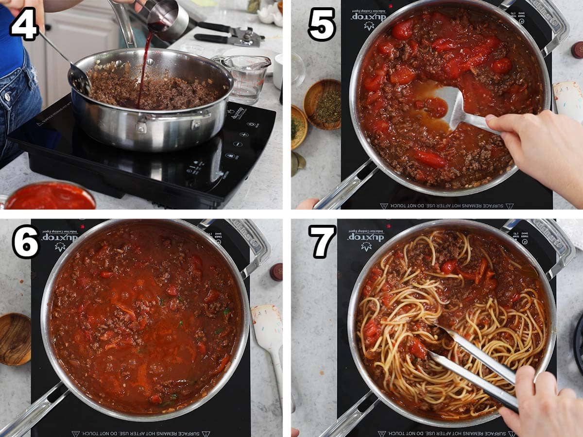 Four photos showing tomatoes being added to ground beef to make meat sauce.