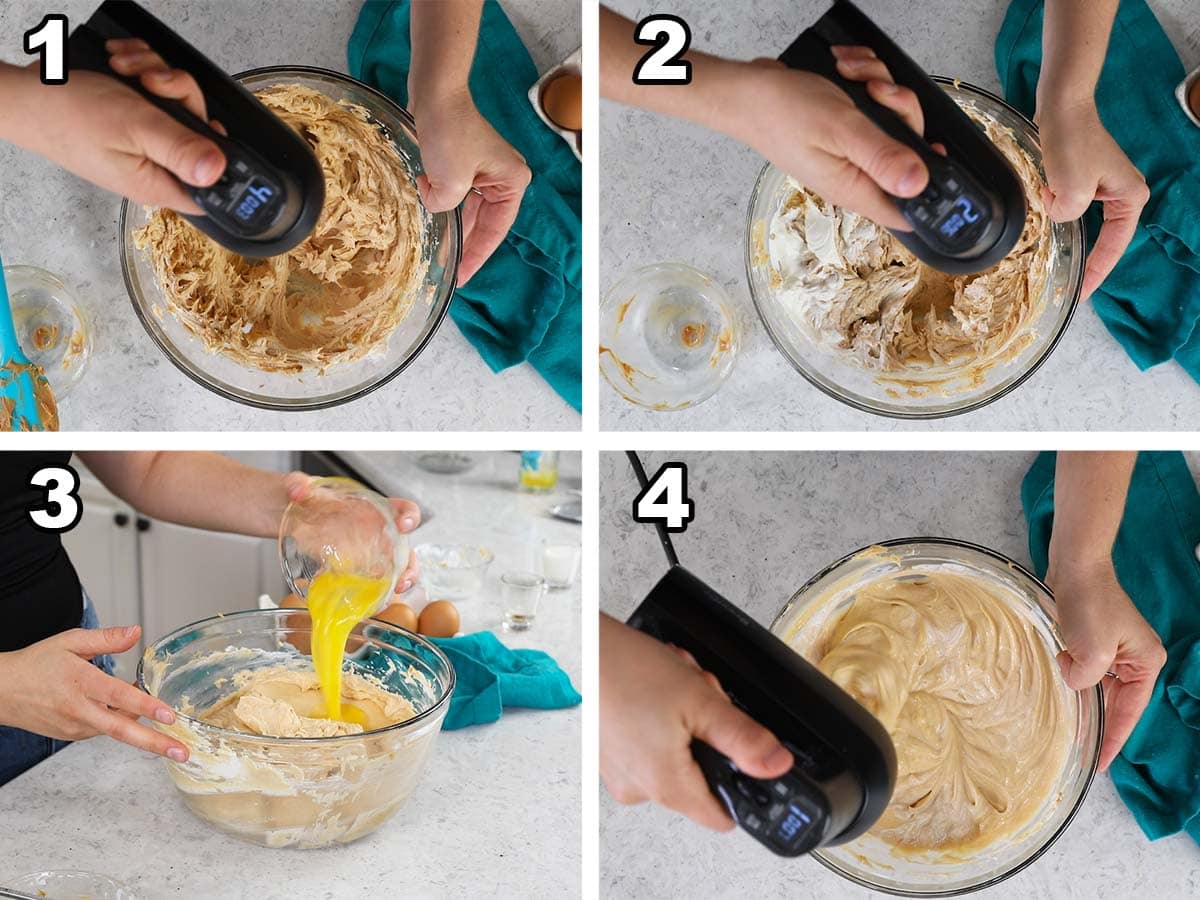 4 steps showing how to make the peanut butter filling of the cheesecake