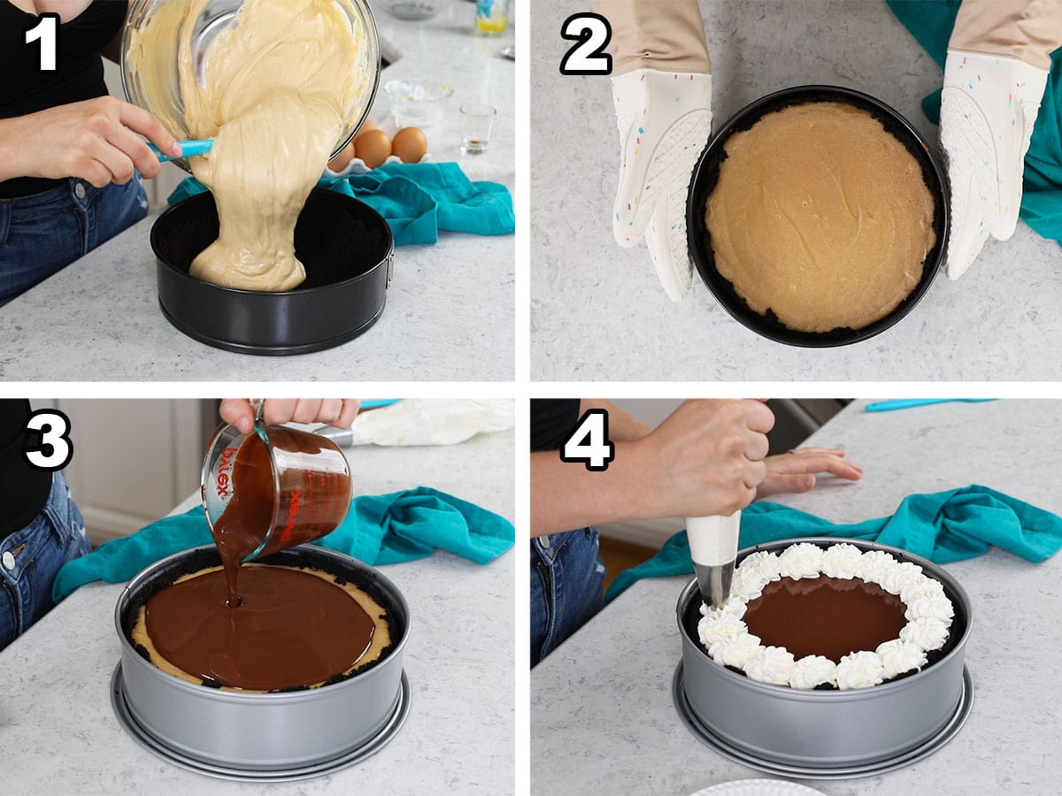 4-photo collage showing baking the cheesecake and decorating with ganache and whipped cream