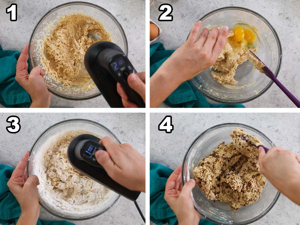 Four photos showing a pecan cookie dough being prepared.