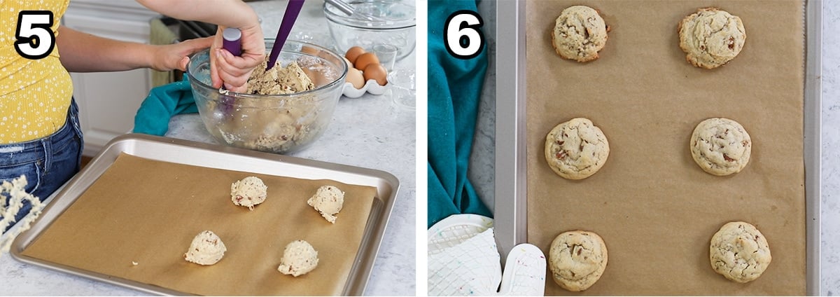 Two photos showing cookie dough scooped, rolled, and baked.