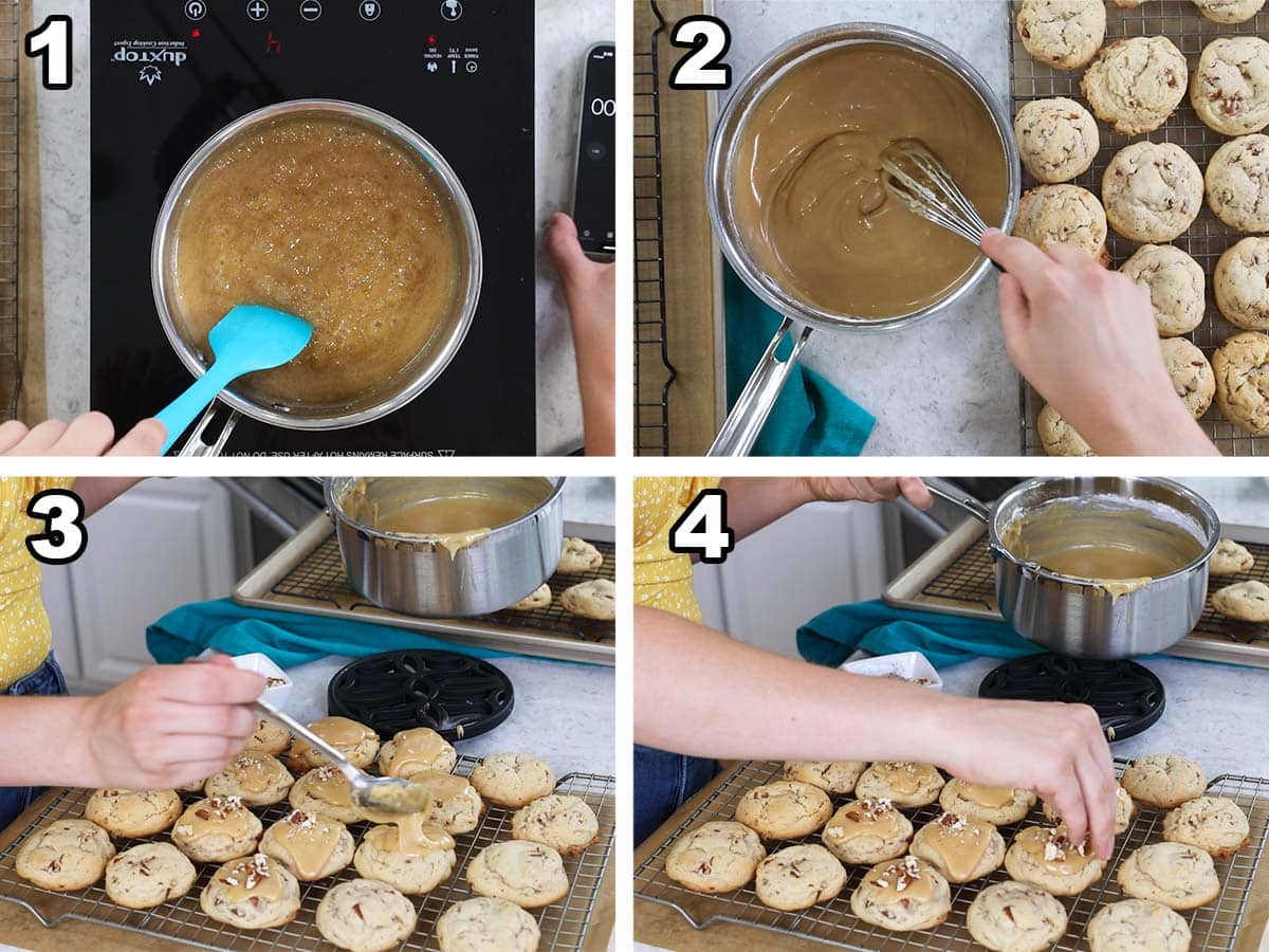 Four photos showing a praline topping being prepared and spooned over pecan cookies.