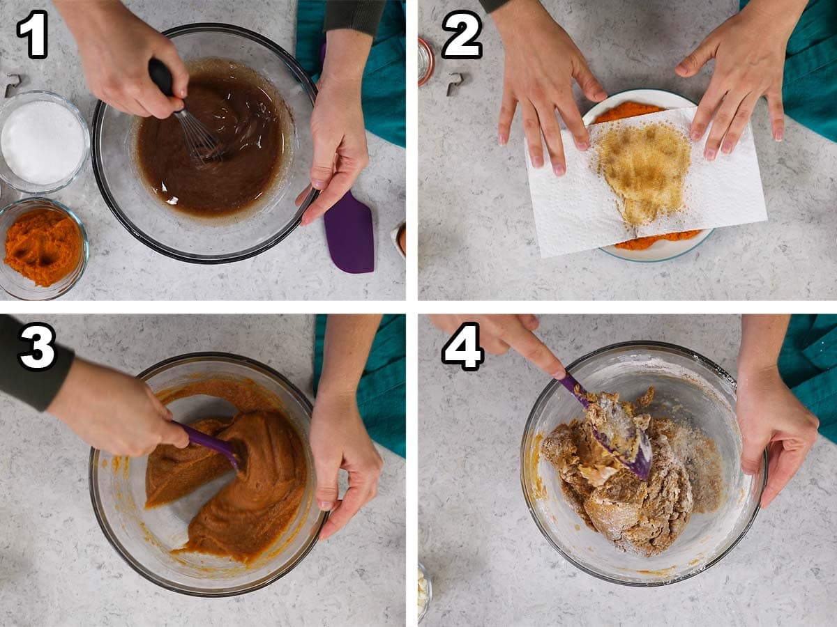 Four photos showing pumpkin cookie dough being prepared.