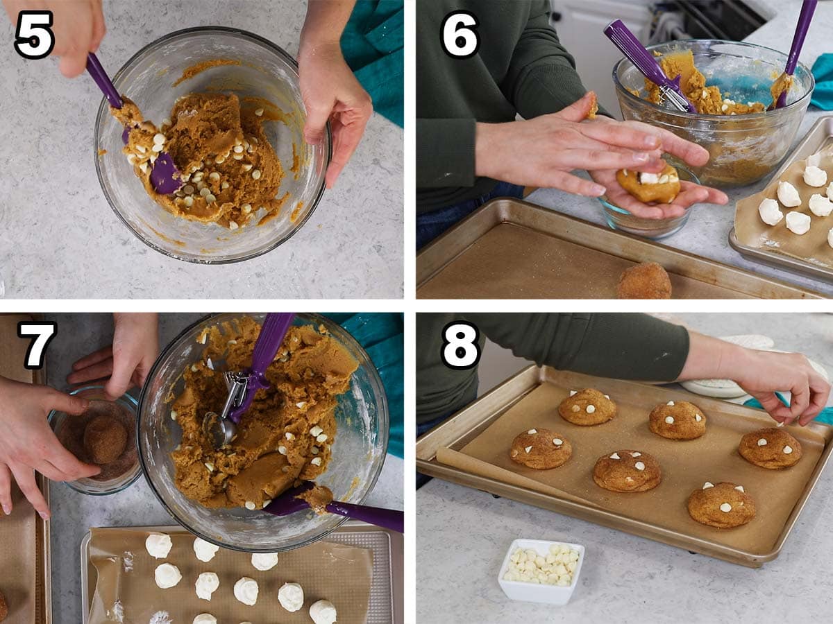 Four photos showing pumpkin cookie dough being stuffed with a frozen cheesecake filling, rolled, and baked.