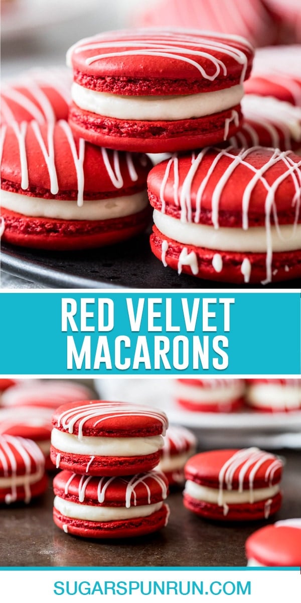 collage of red velvet macarons, top image of three macarons stacked nicely photographed close up, bottom image of two macarons stacked