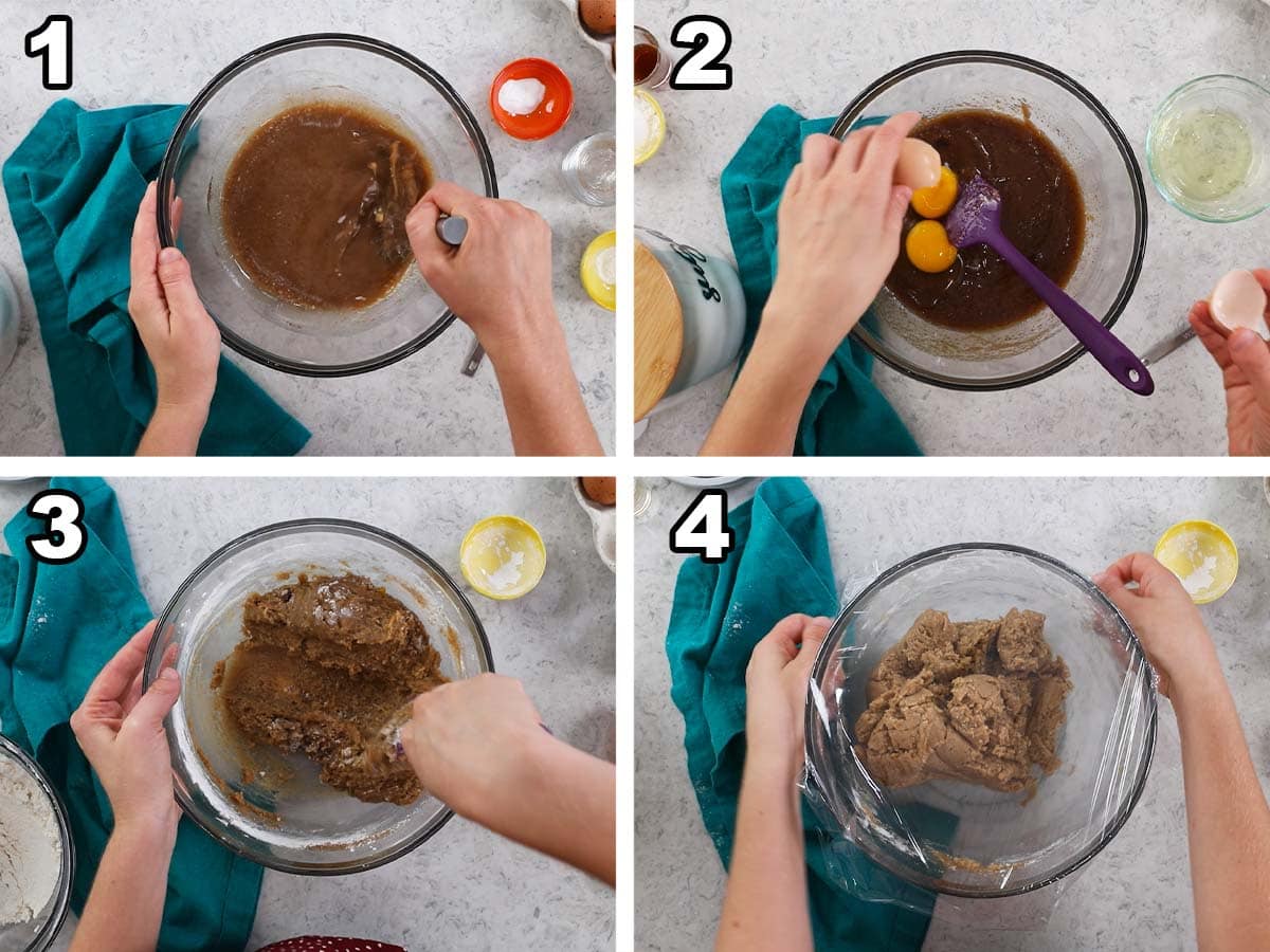 Collage of four photos showing cookie dough being prepared for chilling.