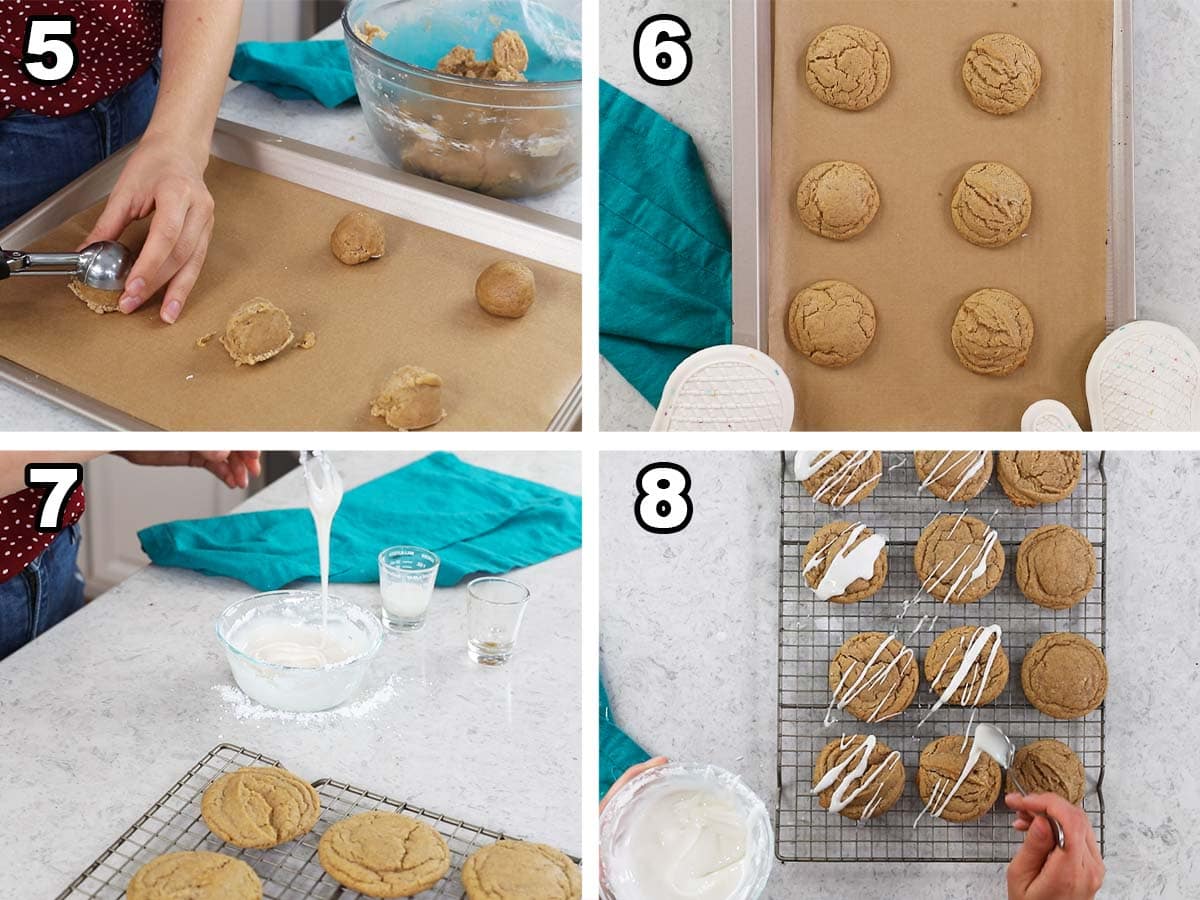 Four photos showing cookie dough being scooped, baked, and drizzled with glaze.