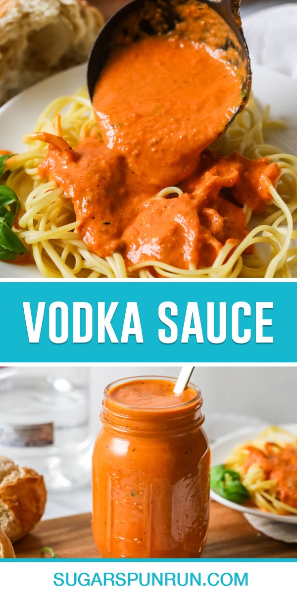 collage of vodka sauce, top image of sauce being poured onto noodles, bottom image of sauce in jar