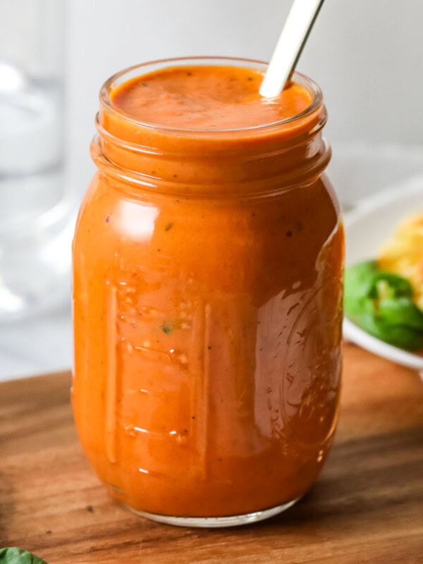 Glass jar of homemade vodka sauce.