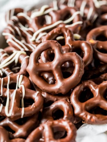 Close up view of chocolate covered pretzels.