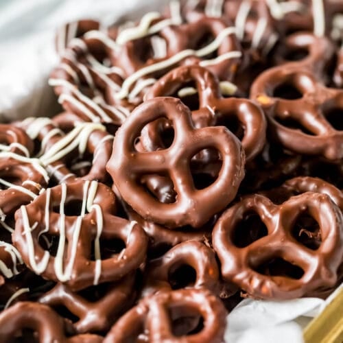 Close up view of chocolate covered pretzels.