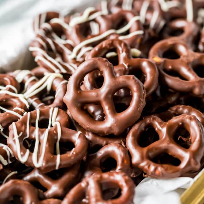 Close up view of chocolate covered pretzels.
