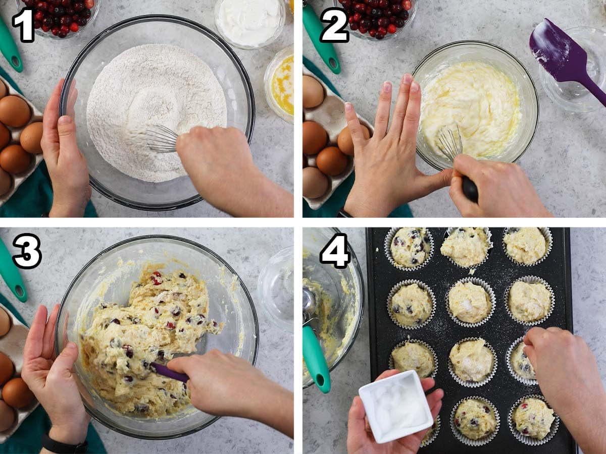 Four photos showing muffing batter being prepared, combined with cranberries, and portioned into a prepared muffin tin.