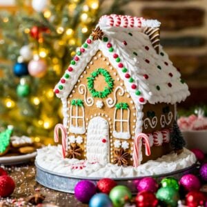 Intricately decorated gingerbread house on a metal plate with christmas ornaments in the foreground and a lit tree in the background.