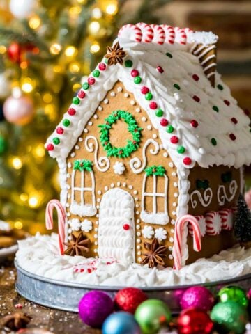 Intricately decorated gingerbread house on a metal plate with christmas ornaments in the foreground and a lit tree in the background.