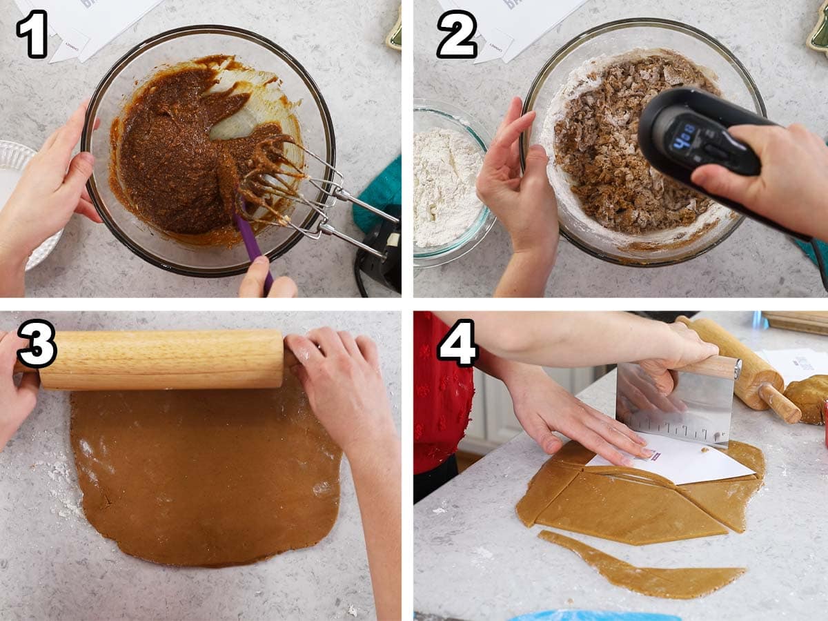 Four photos showing gingerbread dough being prepared, rolled, and cut into house shapes.