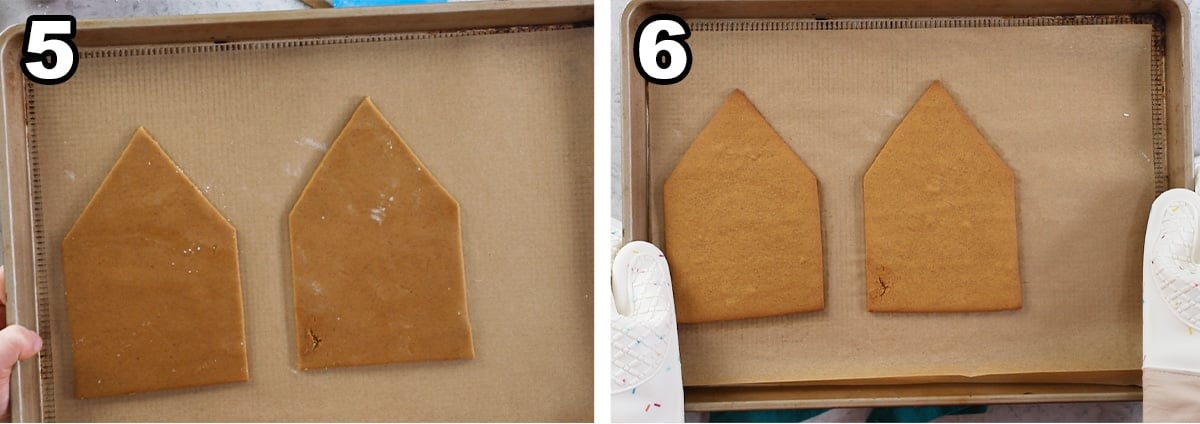 Two photos showing gingerbread on a cookie sheet before and after baking.