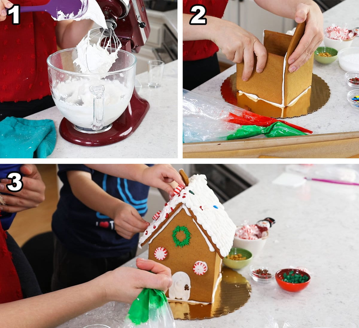 Three photos showing a gingerbread house being assembled with frosting and candies.