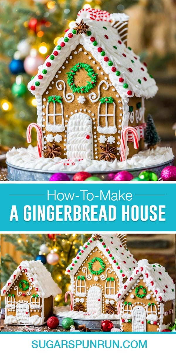 collage of gingerbread houses, top image is a close up decorated house, bottom image is of three houses decorated