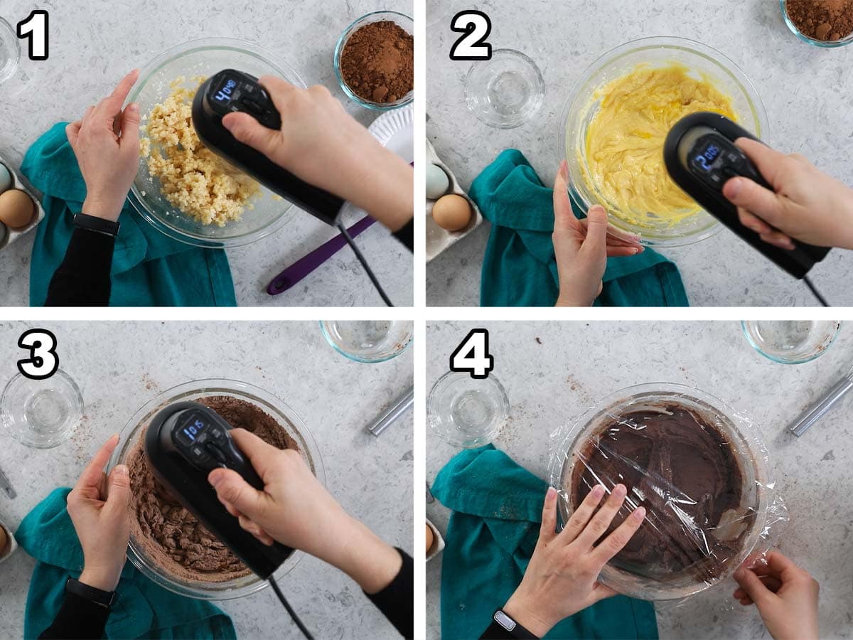 Four photos showing how to make a chocolate cookie dough.