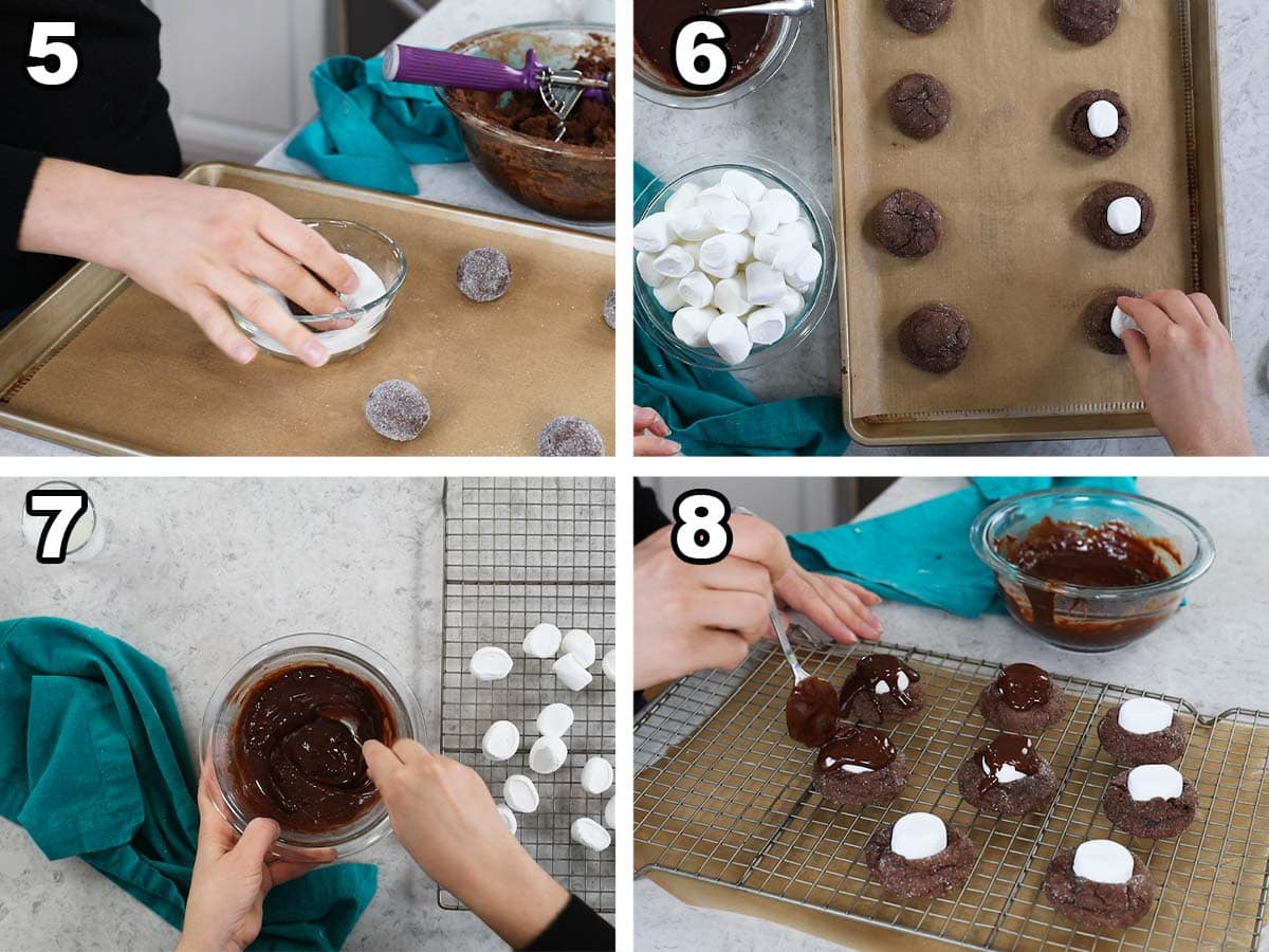 Four photos showing marshmallows being cut in half, pressed into chocolate cookies, and drizzled with ganache.