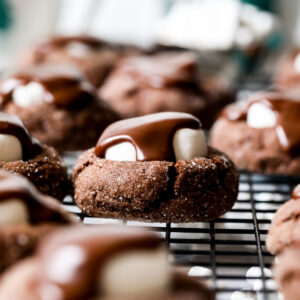 Close-up view of hot chocolate cookies on a cooling rack.
