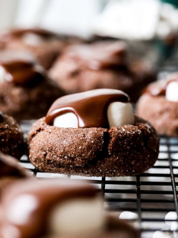 Close-up view of hot chocolate cookies on a cooling rack.