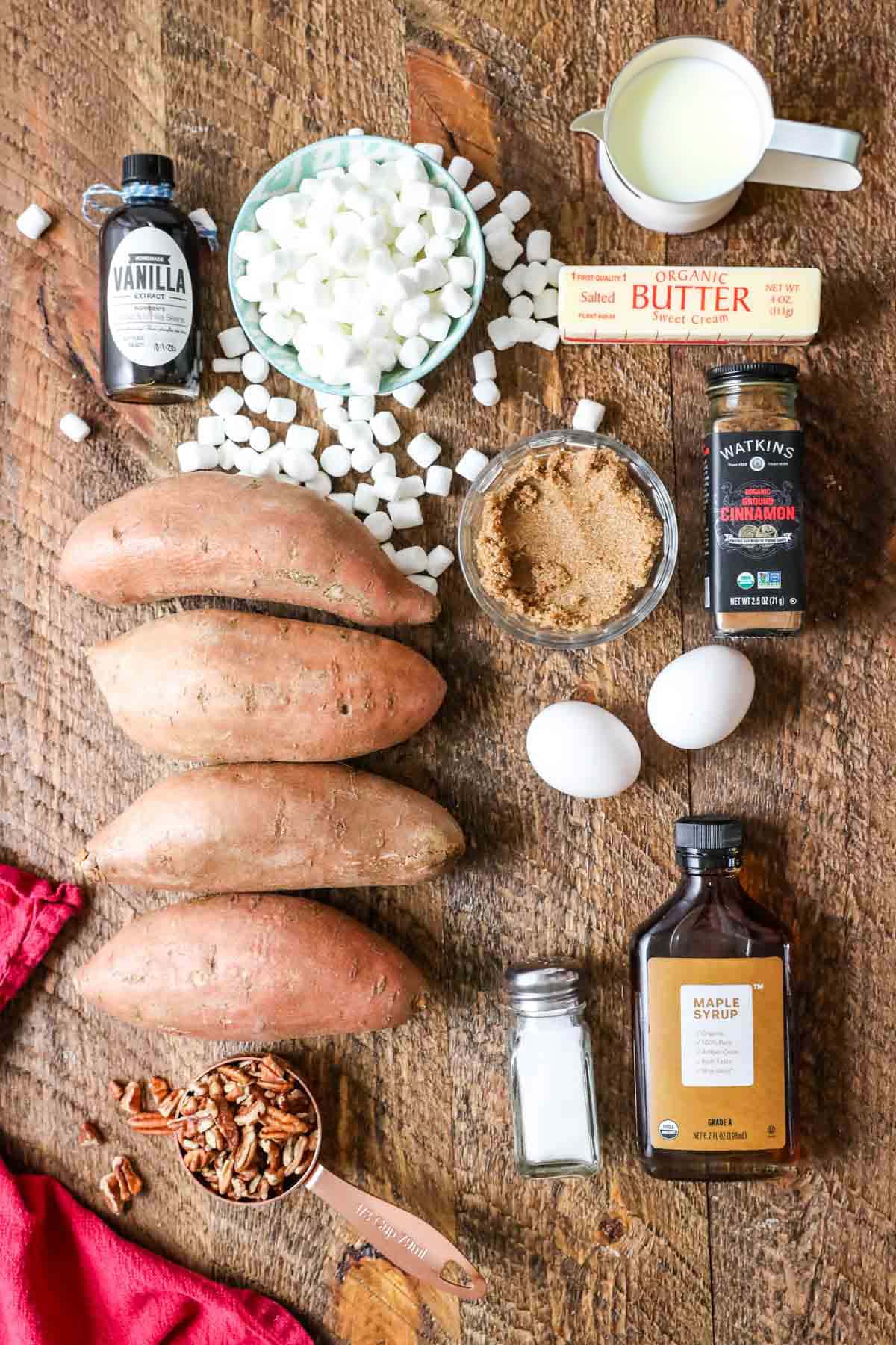 Overhead photo showing ingredients for sweet potato casserole