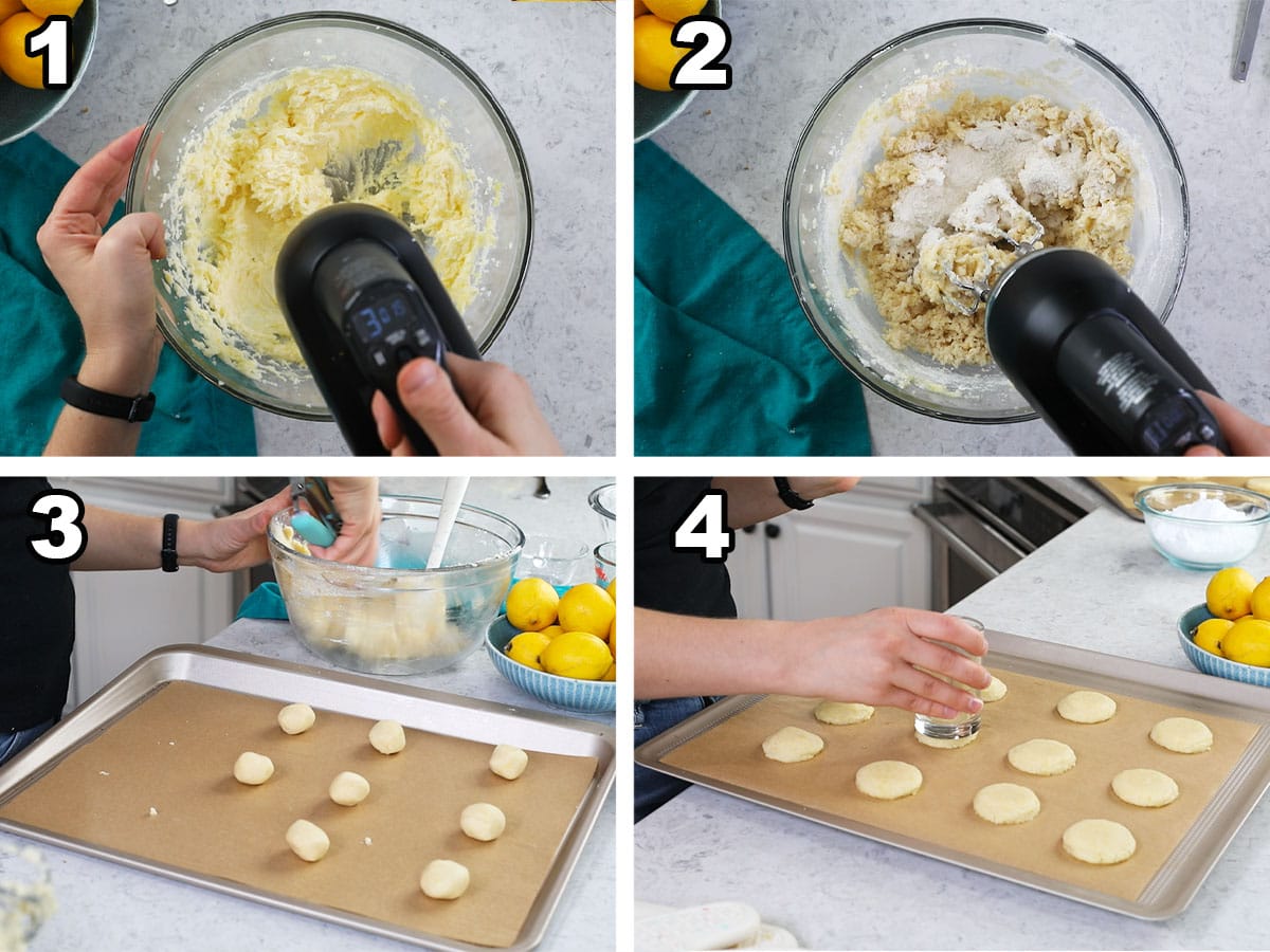 Four photos showing a lemon meltaway dough being mixed, rolled into balls, and flattened after baking.