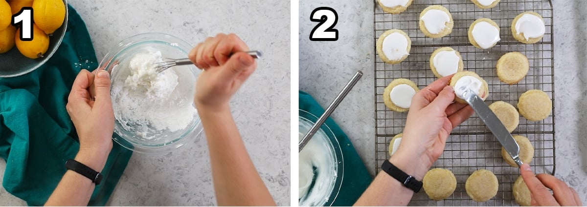 Two photos showing a glaze being prepared and spooned over cookies.