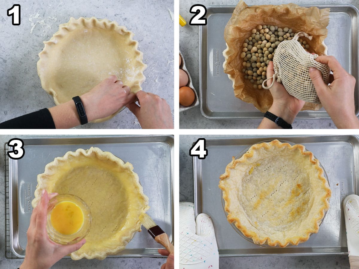 Four photos showing a pie crust being blind baked.