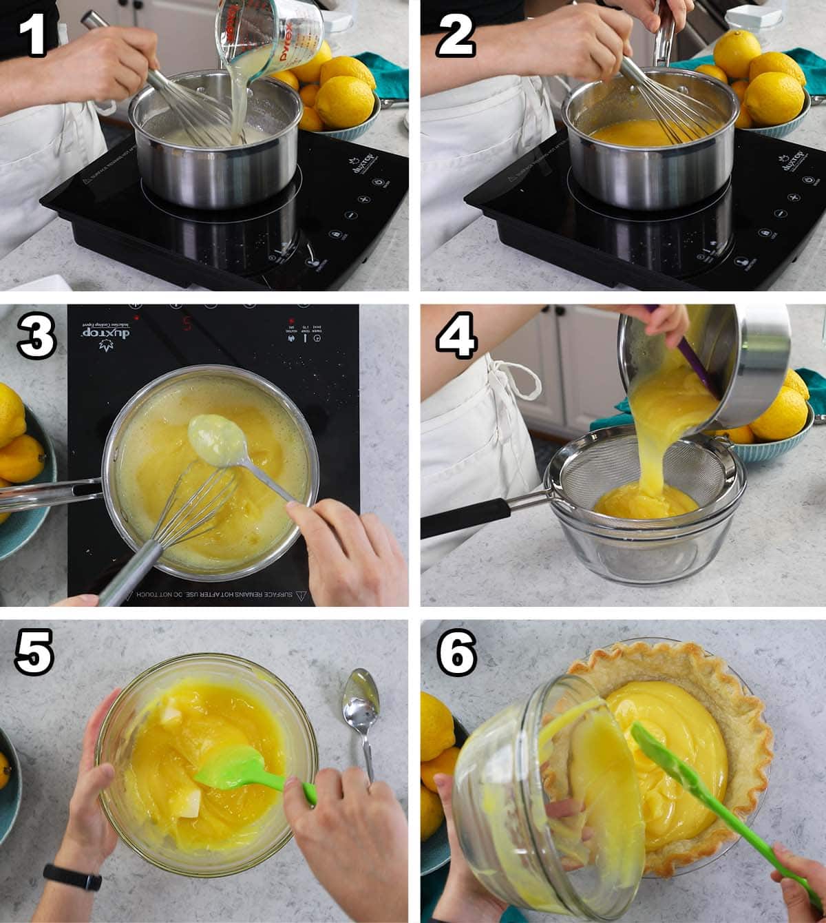 Six photos showing a lemon filling being prepared for pie.