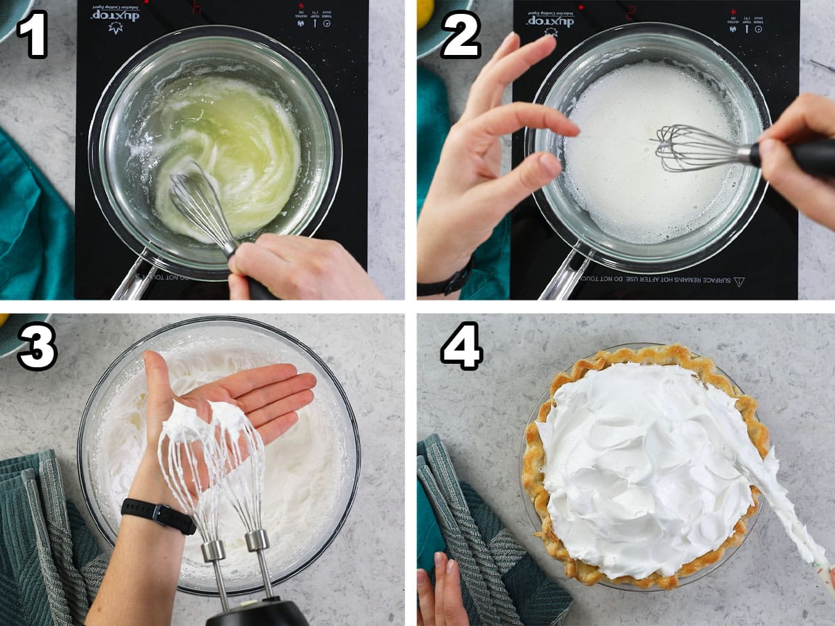 Four photos showing meringue being prepared for a pie.