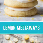 Two image collage of Lemon meltaways, top image of three cookies stacked top one missing a bite, bottom image of cookies iced on parchment paper neatly spead out