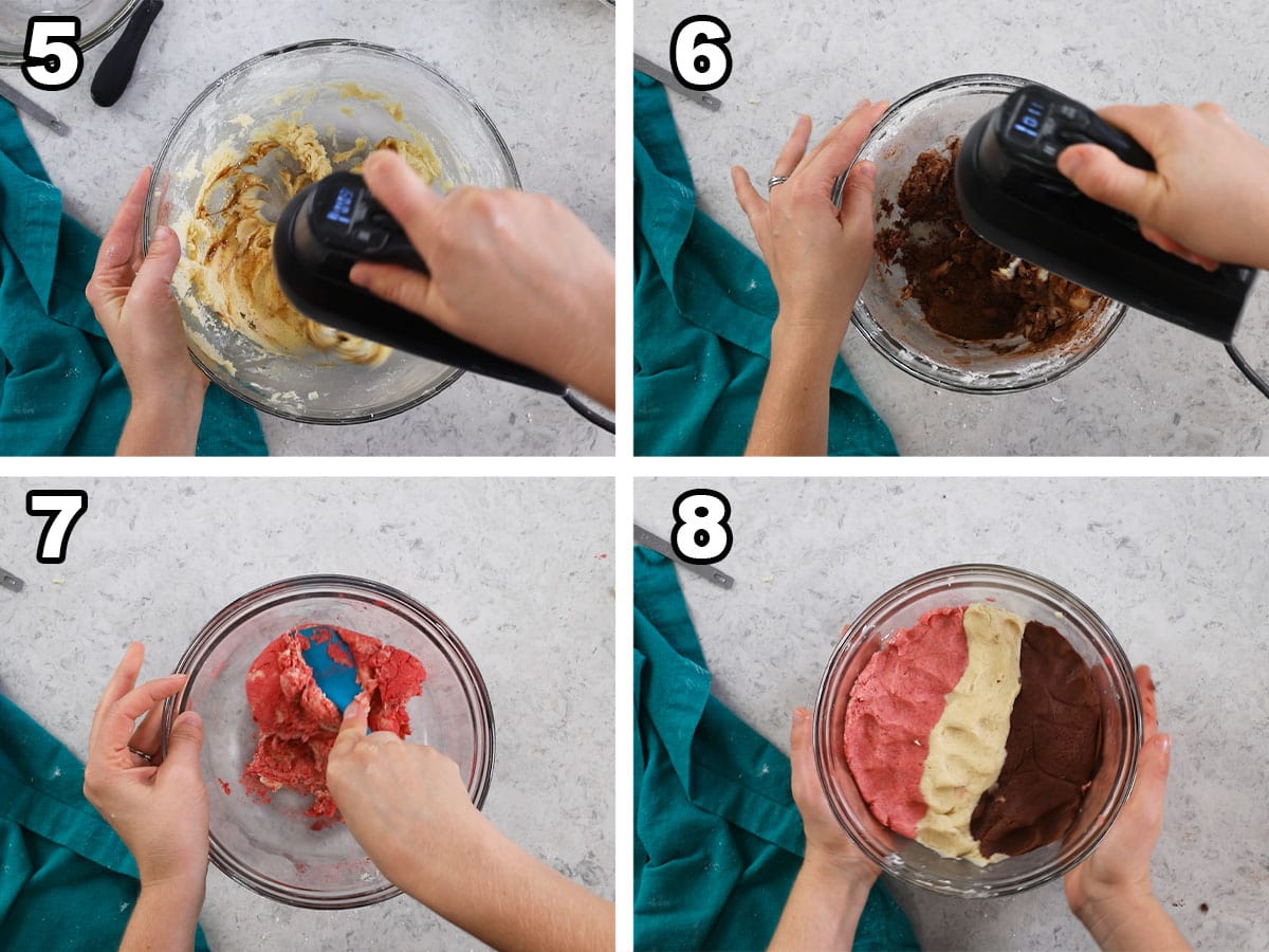 Four photos showing chocolate and strawberry cookie dough being prepared and combined with a vanilla dough.