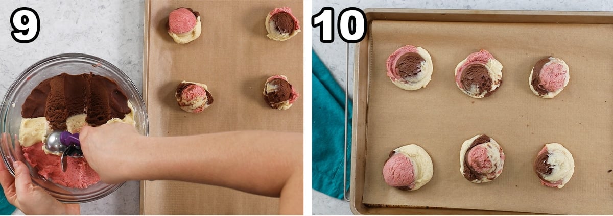 Two photos showing neapolitian cookies being scooped and baked.