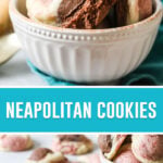 collage of neapolitan cookies, top image of multiple cookies in white bowl, bottom image of cookies spread out slab
