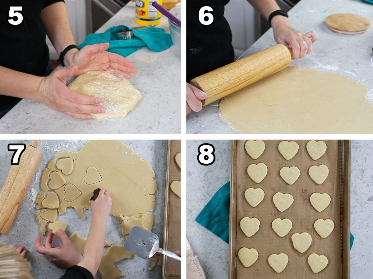 Four photos showing cookie dough being rolled out, cut into hearts, and baked.