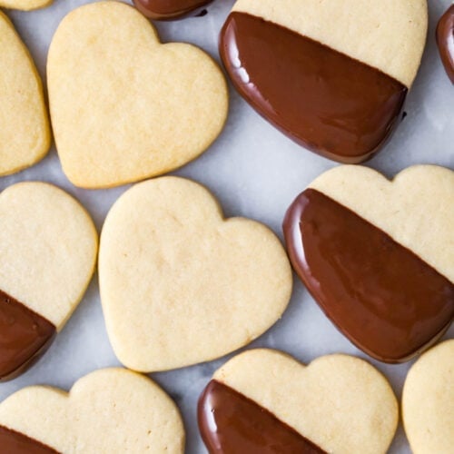 Heart shaped cookies made from a shortbread cookie recipe.