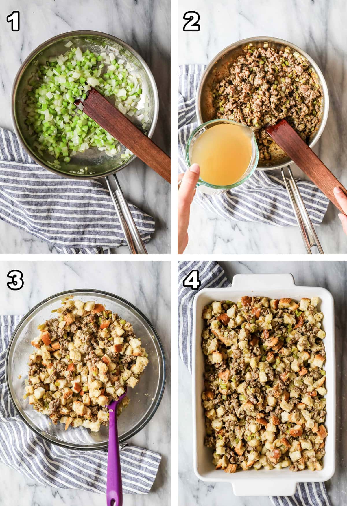 Four photos showing stuffing being prepared