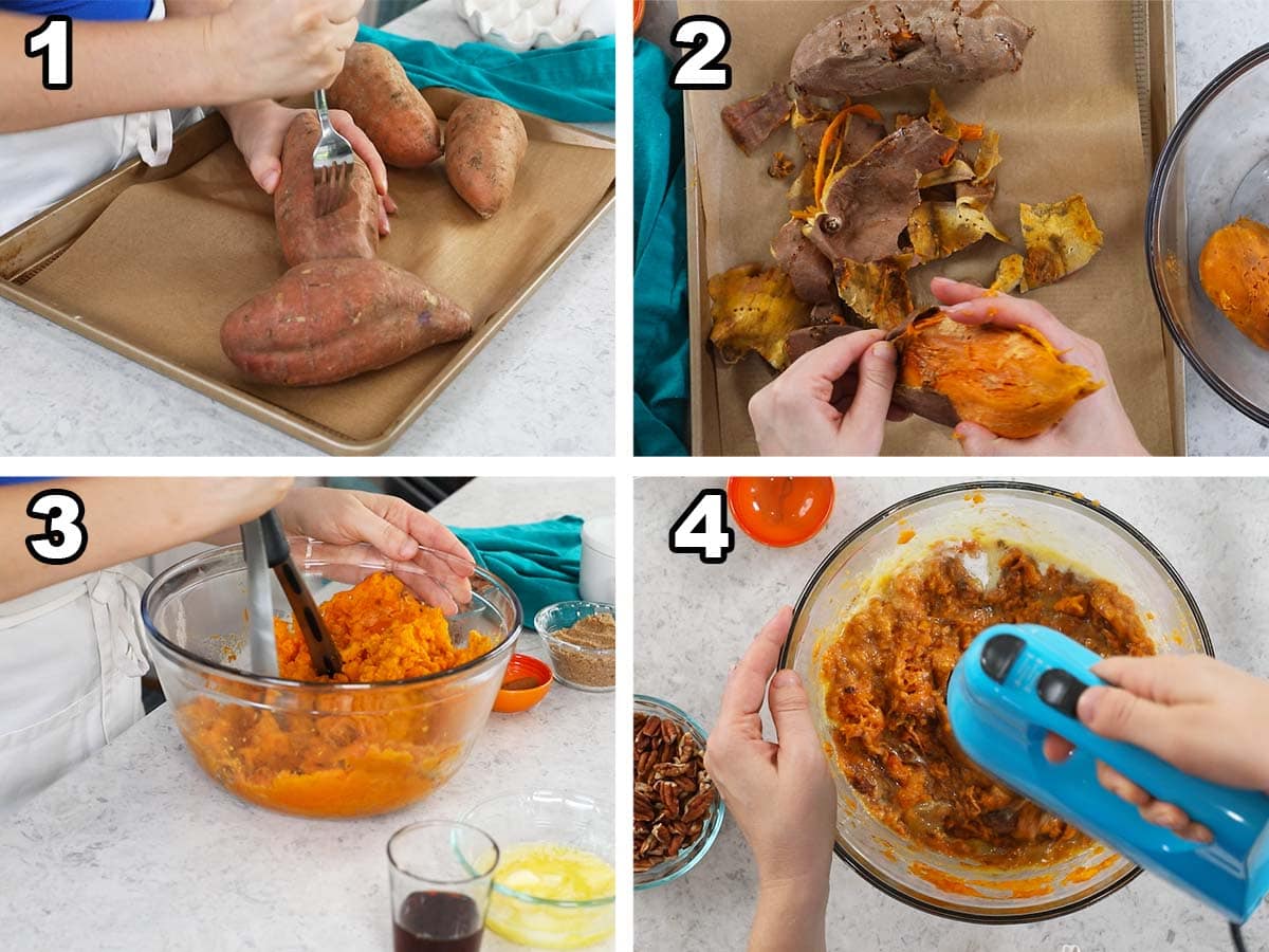 Four photos showing sweet potatoes being baked, peeled, mashed, and mixed.