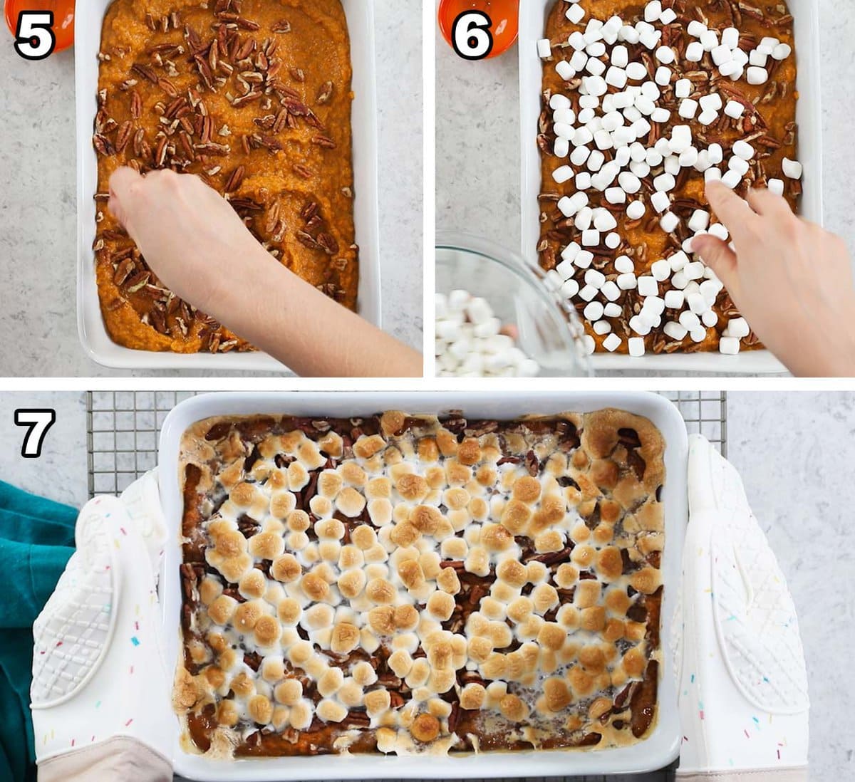 Three photos showing sweet potato casserole being topped with nuts and marshmallows.