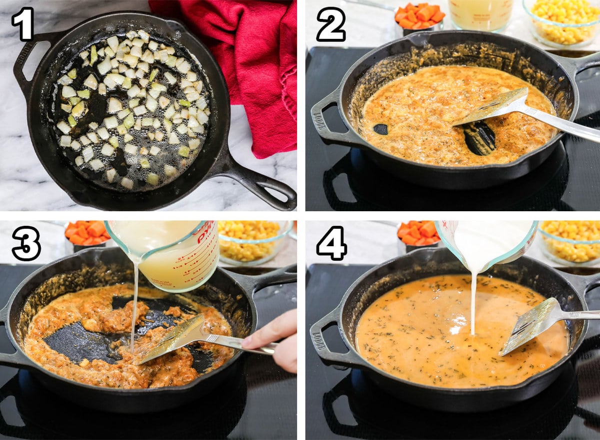 Four photos showing how to turkey pot pie, steps 1 thru 4